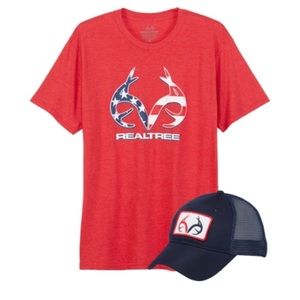 🆕 Realtree Men’s Patriotic American Flag Tee and Matching Cap Stars and Stripes